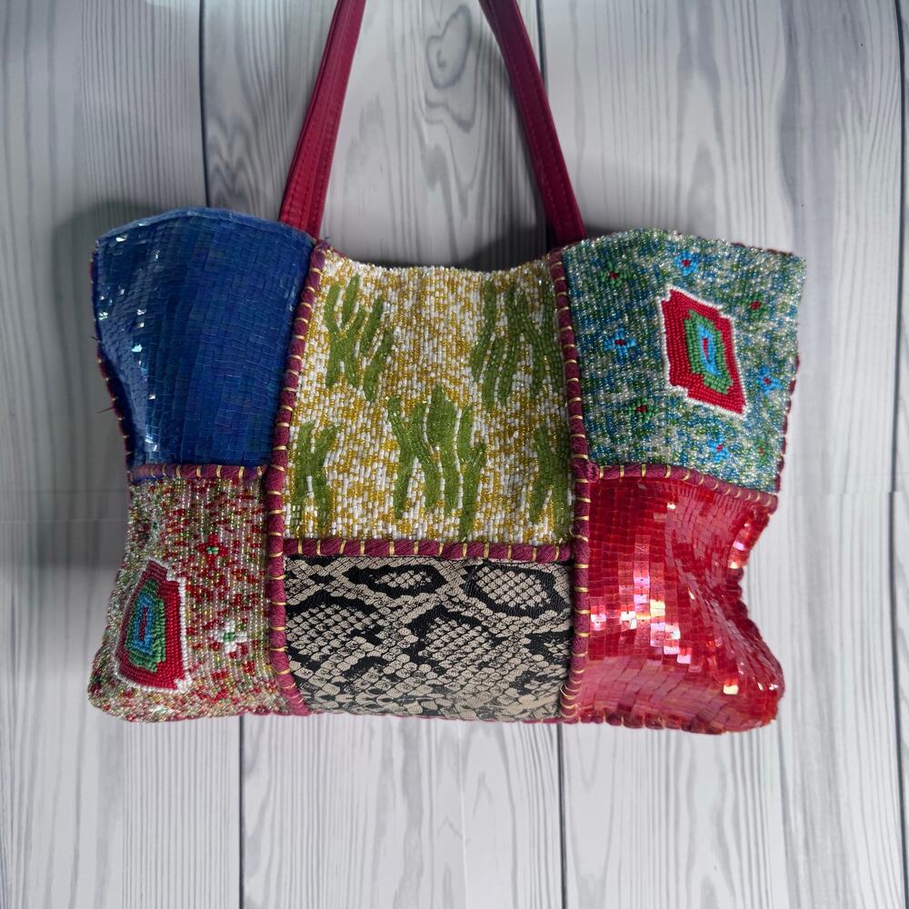 Vintage RARE Christiana Boho Beaded Floral Shoulder Bag Purse 1990s